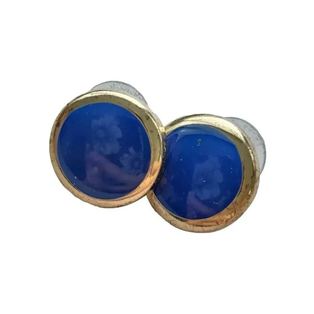 Dillards Vintage Gold Round Button Blue Inlay Post Back Earrings 925 Stamped‎